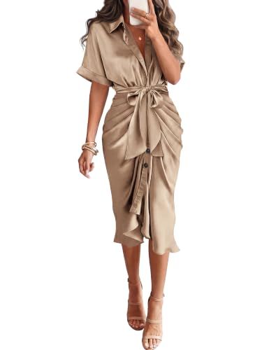 BTFBM Maxi Dresses for Women Business Casual Outfits,Light Khaki,S