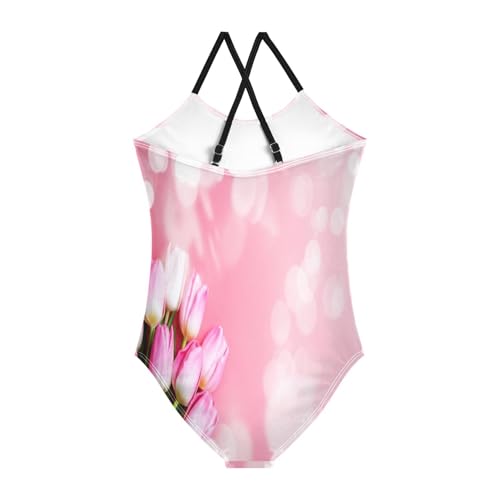 Girls Swimming Suits Beach Swim Suits Kids 3-10 Y with Adjustable Shoulder Strap, Pink Tulips Bouquet Pink2