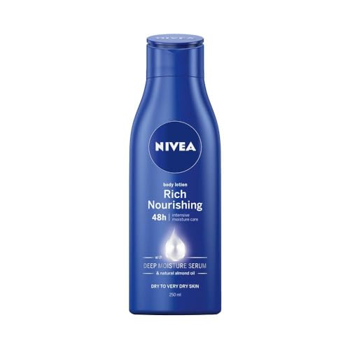 NIVEA Rich Nourishing Body Lotion 250ml | With Pure Hyaluron & Almond Oil | Deeply Nourished Skin for 72-Hours | Fast-Absorbing Formula | Moisturiser for Dry to Very Dry Skin