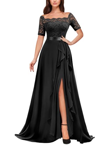 MIUSOL Women's Off Shoulder Floral Lace High Split Chiffon Bridesmaid Gown
