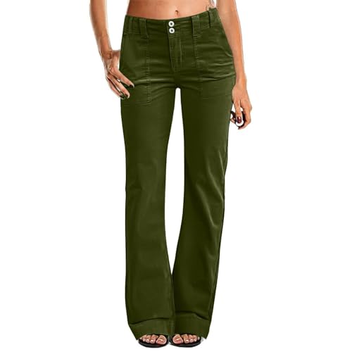 Pantalones cargo para mujer, pantalones acampanados de pierna doble para mujer, pantalones de cintura media, a la moda, casuales, para trabajo de talla grande, casual, con bolsillos, verde, L