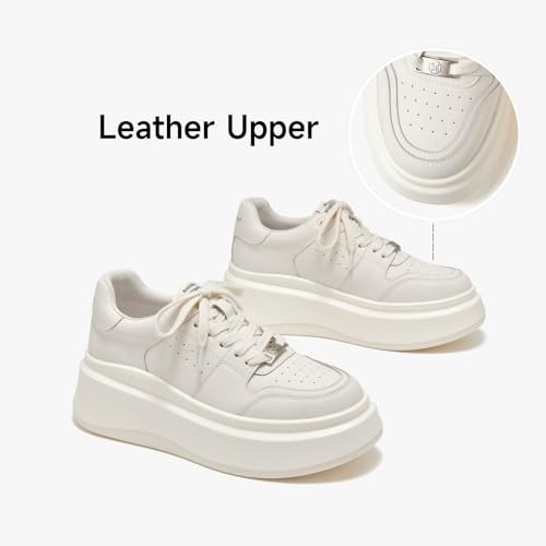 Image of BEAU TODAY Platform White Sneakers for Women,Leather Casual Tennis Shoes
