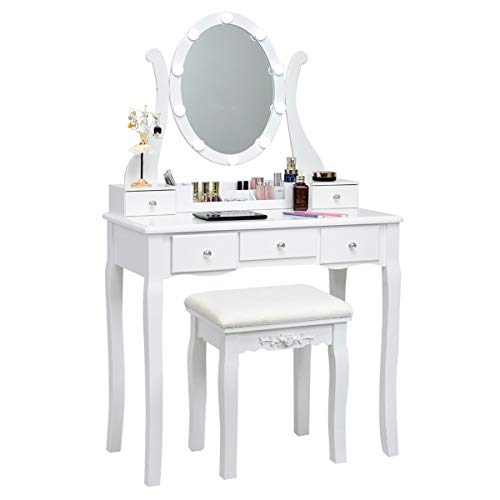 CHARMAID Vanity Table Set with Lighted Mirror, Makeup Dressing Table with 10 LED Lights, Touch Switch, 5 Drawers, Removable Organizer, 10 Dimmable Lights Makeup Table and Cushioned Stool Set (White)