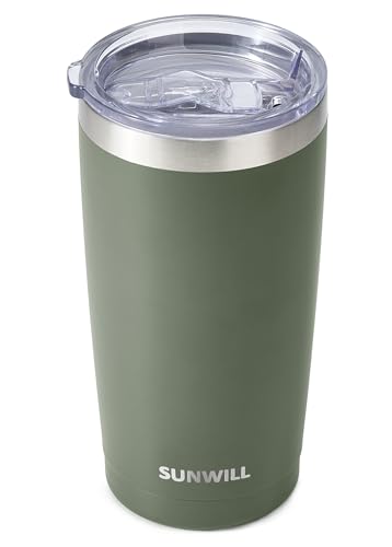 Image of SUNWILL Travel Coffee Tumbler 20 oz, Insulated Mug with Lid, Stainless Steel Iced Cup for Outdoor, Powder Coated Camp Green