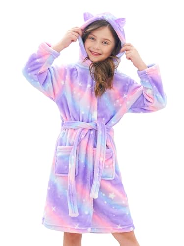 Doctor Unicorn Girls Leopard Cat Robe Kids Fleece Warm Hooded Bathrobe