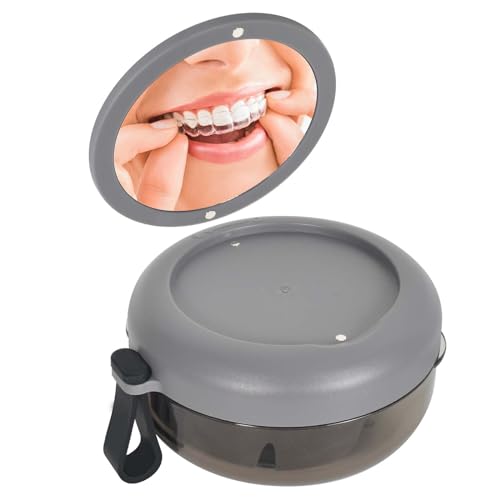 マウスピース ケース 鏡付き リテーナーケース 洗浄用 入れ歯ケース 水漏れしない 携帯用 矯正 ケース 義歯ケース 小型 マウスガード ケース (グレー)