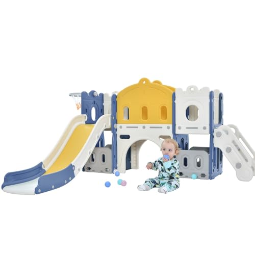 Kinderrutsche mit Basketballkorb und Klettergerüst, Kleinkindrutsche mit Aufbewahrungsbox, Babyrutsche, Spielplatzgerät für drinnen und draußen (Blaugelb)