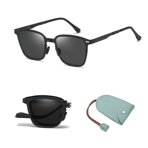Polarized Folding Sunglasses Womens Men, Lightweight Foldable Sunglass Metal Frame Square Durable Sun Glasses Shades
