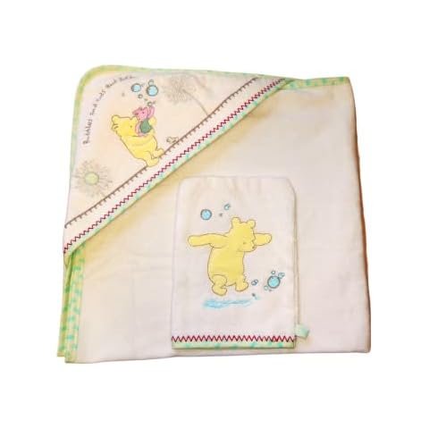 Dealberry Baby Hooded Towel and Wash Mitt Winnie the Pooh Bear Design Gift Set 100% Cotton Towels with Hood, Cream, 0-24 months Towel- 74 x 72cm Mitt- 20 x 15cm Cover