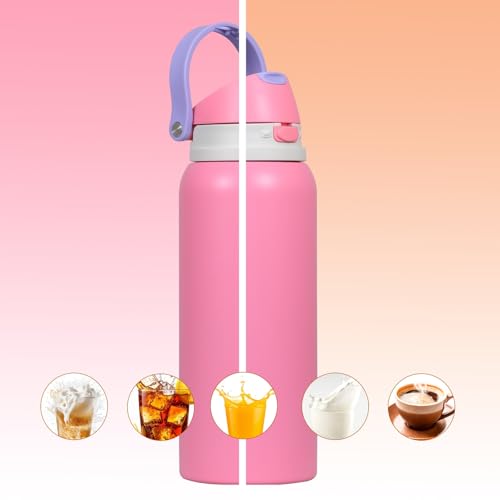 Image of FreeSip Gym Water Bottle with Straw & Chug Lid - Leak Proof Push Button Opening, BPA Free, Large Capacity Sports Bottle with Carry Handle (Pink 33 OZ, 1000 ml)