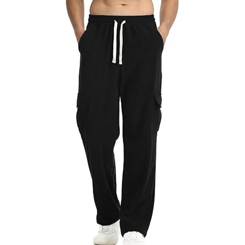 Mens Corduroy Casual Pants Fashion Wide Leg Cargo Pants Straight Sweatpants with Pockets Drawstring Elastic Waist