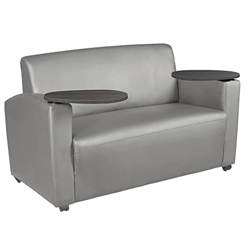 Image of Romig Superstellar Loveseat with 360-Degree Swiveling Tablet Arm, Ash Grey Finish, Grey Vinyl Upholstery, Ergonomic Seating for Offices, Homes, Lounges, or Study Areas