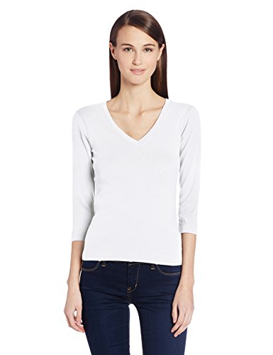 Three Dots Women's Deep V Neck 3/4 Sleeve Tee, White, Large