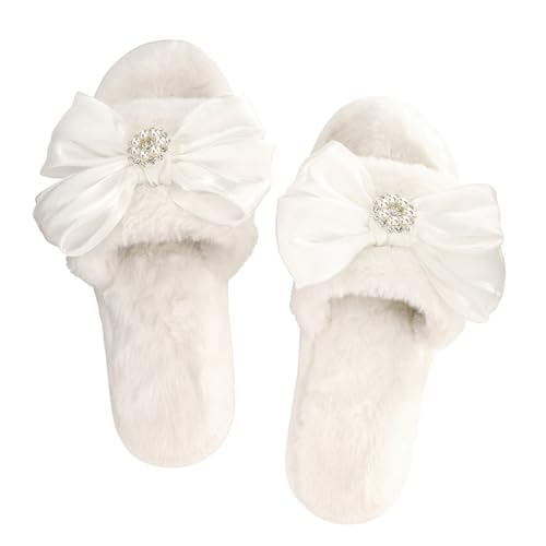 Women's Plush Open-Toe Slippers with Large Velvet Bow House Slides