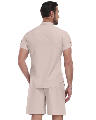 YTD Men's 2 Pieces Set Short Sleeve Henley Shirts and Shorts Texture Summer Beach Vacation Outfits3