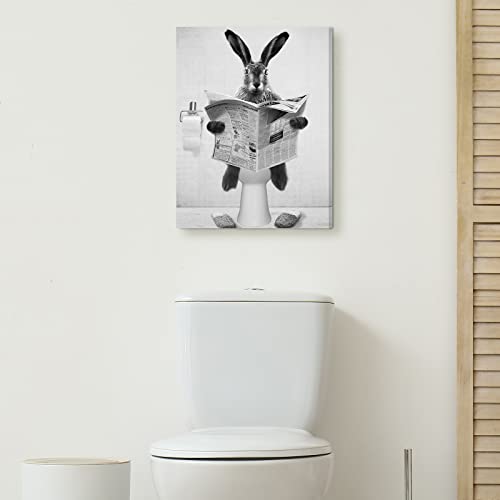 Hkdgoka Funny Rabbit Canvas Wall Art - Black And White Picture In Bathroom Wall Decor - Farmhouse Decor Painting Artwork Ready To Hang For Living Room,Bedroom,Home Decor 16"X20" #TOP1