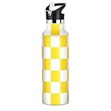 Botella de agua con diseño a cuadros de búfalo amarillo y blanco, termo de acero inoxidable con tapa con pajilla, botella aislada para niños y niñas, deportes, 20 onzas líquidas