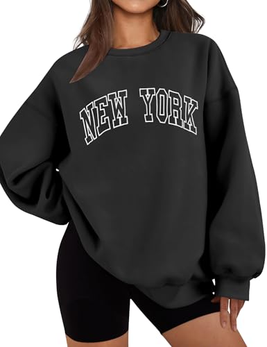 LOMON Crewneck Sweatshirt for Women Casual Oversized Pullover Graphic Long Sleeve Fleece Tops Sweater(Black-New York,XL