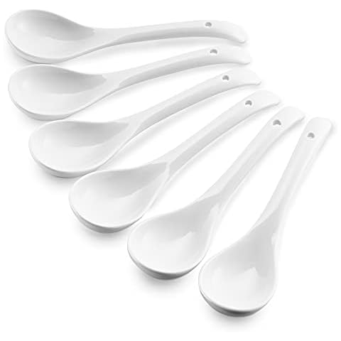 LIFVER Asian Soup Spoons Set,7.8 Inch Ceramic Chinese Soup Spoons,White Japanese Spoon With Long Handle for Cereal Curry Stews Ramen Pho Wonton Dumpling Miso, Set of 6 Cover