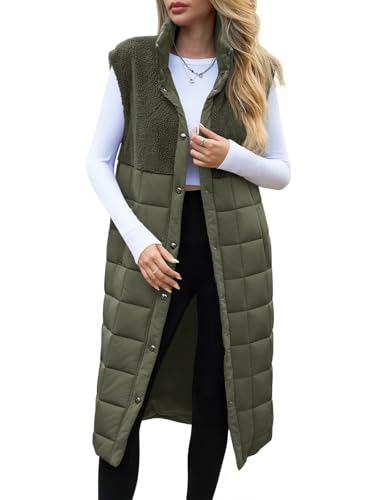 UMEKO Women's Long Puffer Vest Fleece Jacket Winter Button Down Sleeveless Coats