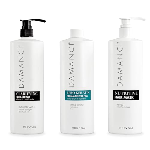 DAMANCI ZerO Keratin Revival Kit, Formaldehyde Free Keratin Treatment to Restore Hair, Reduce Frizz and Volume, with Clarifying Shampoo & Nutritive Hair Mask, Salt, Sulfate and Paraben-Free (32 oz)