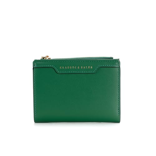 Slim Genuine Leather Wallet for Women Bifold/Trifold Compact with Zipper Pocket Black (Green)