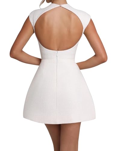 SHESEEWORLD Women's Cap Sleeve Mock Neck Sexy Cutout Backless Button Mini Dress A Line High Waist Slim Cocktail Party Dresses3