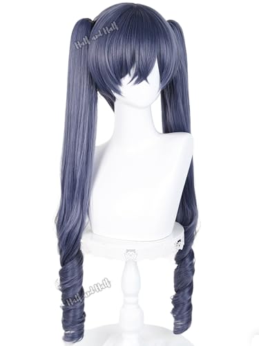 Image of Half and Half Long Curly Deep Gray Blue Ponytail Wigs for Anime Butler Cosplay Dark Gray Twin Tails Costume Wigs for Women Halloween Party Daily