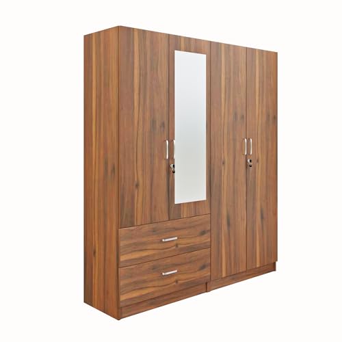 Image of VIKI Wardrobe |Wooden Almirah for 4 Door 2 Drawer with Shelves & Hanging Space Mirror Wardrobe (Brussel Walnut - 40D x 160W x 180.8H)| 1 Year Warranty | Free Assembly