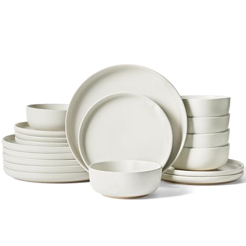 Image of Famiware Milkyway Plates and Bowls Sets, 18 Pieces Dinnerware Sets, Reactive Glaze Dish Set, Stoneware Dishes Set for 6, Matte Beige White