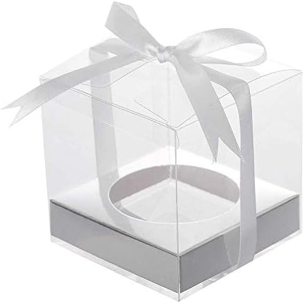 12pcs PET Crystal Clear Boxes, 3.5x3.5x3.5 Inches Party Favor Box for Valentine's Day Chocolates and Wedding Party Candy Cookies Favors Holder with Inserts and Burlap Twine (Silver)