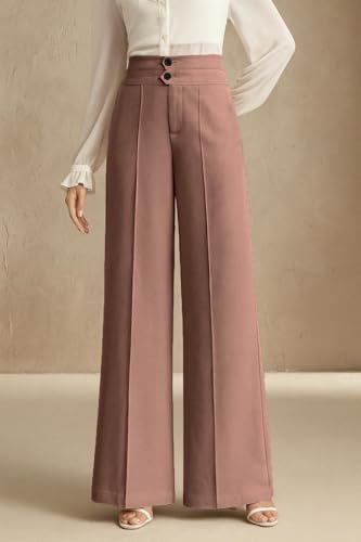 Image of SAKHWALA Women's High Waist Wide Leg Formal Trousers with Double Button Waistband | Office Wear & Casual Wear Pants with Side Pockets - Beige, Grey & Pink