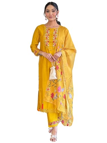 Image of Naixa Women's Cotton Embroidered Straight Kurta with and Dupatta Sets (SC-Saylee)