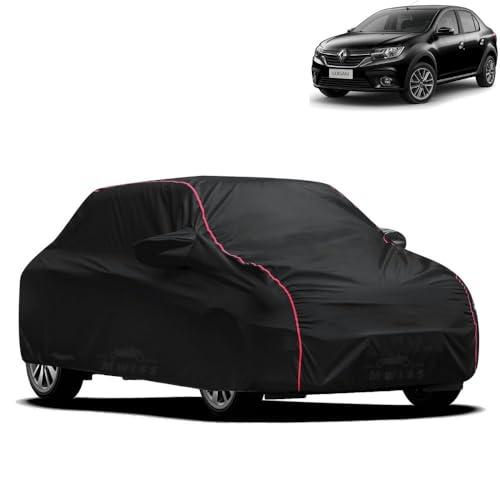 Image of Waterproof Car Cover for Renault Logan Edge | All-Weather Protection, Dustproof & UV Resistant | Triple Stitched Mirror Pockets, Windproof Buckle Strap with Elastic Hem, Black-Red Piping