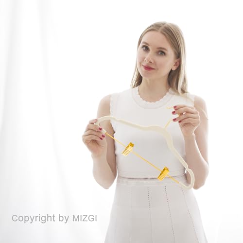 MIZGI Premium Velvet Pants Hangers with Adjustable Clips (Pack of 30) Slim Skirt Hangers- Non Slip Felt Outfit Dress Hangers Ivory - Gold Hooks,Space Saving Shirt Clothes Hangers by MIZGI - Used condition - Image 7