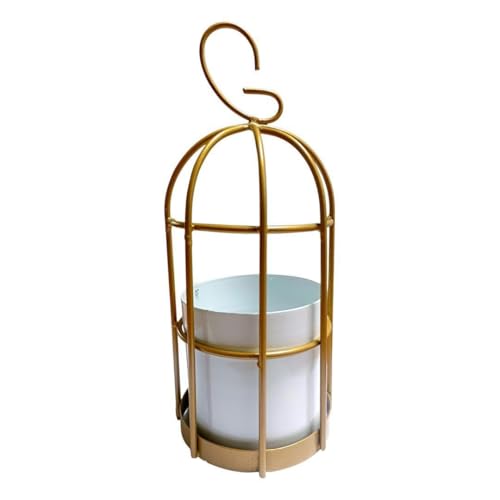 Image of Bird cage-Inspired Metal Hanging Planter with Leakproof Pot, Gold Cage Design, 23 cm Height, Space-Saving Indoor Outdoor Plant Holder (White-Pack -2)