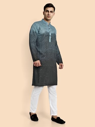 Image of Vardha Men's Cotton Chikankari Embroidered Kurta with Full Sleeves and Knee Length Design and Elegant Sequence Work | Kurta for Men