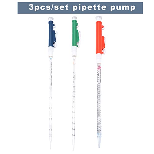ONiLAB Pipette Pump，Set of 3 Lab Pipettes, 2ml Blue, 10ml Green, 25ml Red, Fit Plastic or Glass Pipettes…
