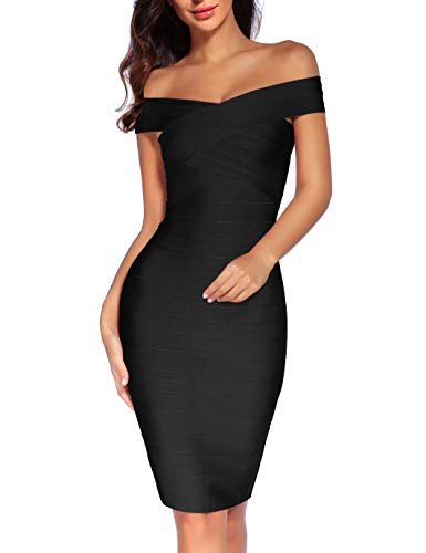 Madam Uniq Women's Bandage Dress Off The Shoulder Bodycon Dresses Club (Black,S)