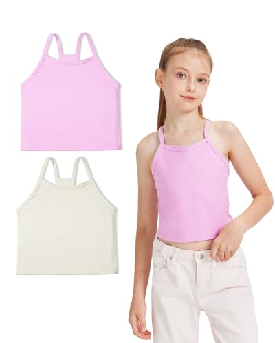 Opiniones de Sujetadores deportivos para Niña más recomendados. 49 Sascina - Brasier de tirantes para niñas de 6 a 11 años para entrenamiento para niñas, playera de doble forro, sujetadores de baile para niños, Rosa/Blanco, Medium