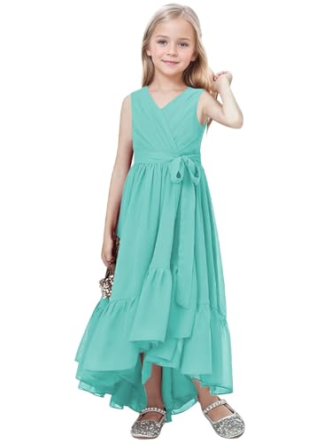 Turquoise Jr Bridesmaid Dresses High Low Pleated Ruffle Chiffon Girls Formal Evening Gowns Size 7