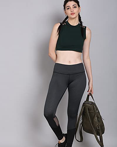 Image of The Dance Bible Women High Waist Solid Charcoal Grey Mesh Net Design Gym Leggings Tights with Back Zip Pocket (Small, Waist: 27-28 inches)