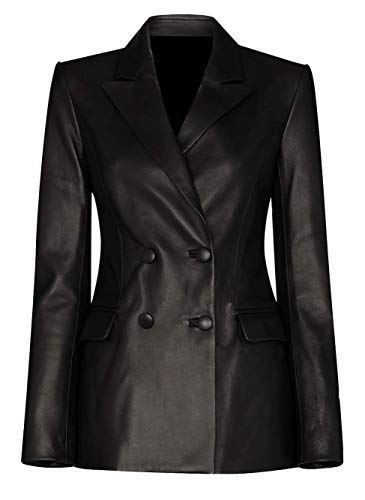 Classical Women's Double Breasted Blazer Two-Button Coat Genuine Leather Jacket Black Small Medium Extra Plus Size