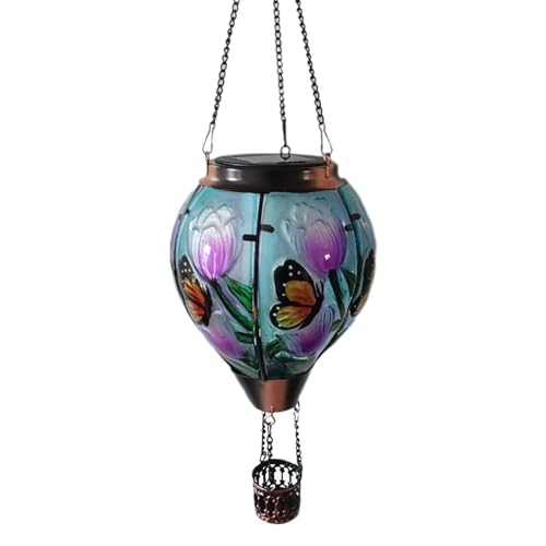 Linterna solar de globo aerostático con llama, globo aerostático solar con efecto de llama simulado,Luces solares LED en de colibrí y mariposa de aire caliente para exteriores | Decoración