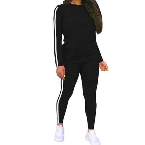 Ensemble deux pièces femme haut col rond et pantalon rayé noir XXL
