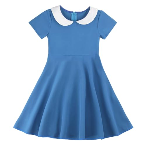 Image of BINIDUCKLING Girls Dress Short Sleeve Kids Casual Peter Pan Collar Fit and Flare Skater Party Dress for Blue 7-8 Years