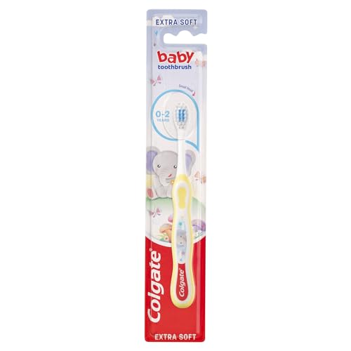 Colgate Kids Toothbrush 0-2 years baby toothbrush extra soft bristles gently and effectively clean first teeth small brush head blue bristles toothpaste guide non-slip handle