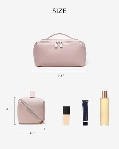Image of EACHY Travel Makeup Bag, Lychee Large Capacity Cosmetic Bag for Women, Open Flat Toiletry Bag with TPU Brush Compartment, Waterproof Skincare Organizer Travel Essentials (AI-Ash Pink, Medium)