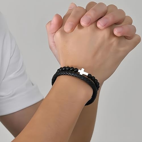 Pulsera de cuero con cuentas para hombre, cruz bañada en oro y rodio miniatura 3
