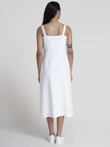FableStreet Women Cotton White Solid Button-Down A-Line Midi Dress - Image 4